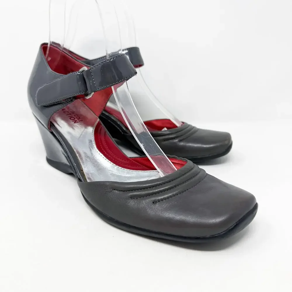 Vintage Y2K Kenneth Cole Gray Leather Wedge Heels Women’s Size 8 EUC Square Toe